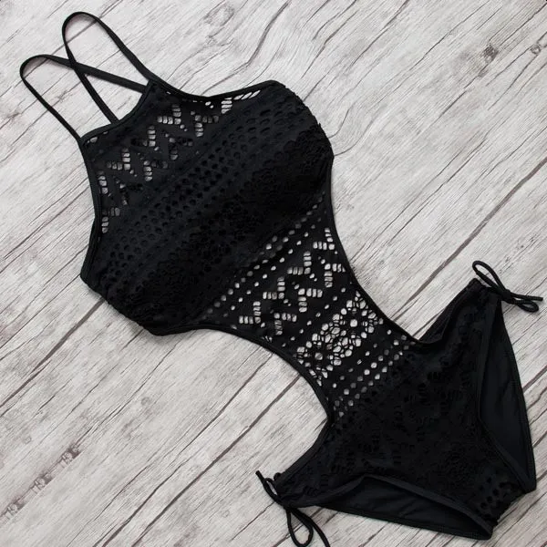 Sexy One Piece Swim Suits 2016 Swimwear Women Handmade Solid Corchet High Neck Monokini Swimsuits Push up Black Bathing Suits