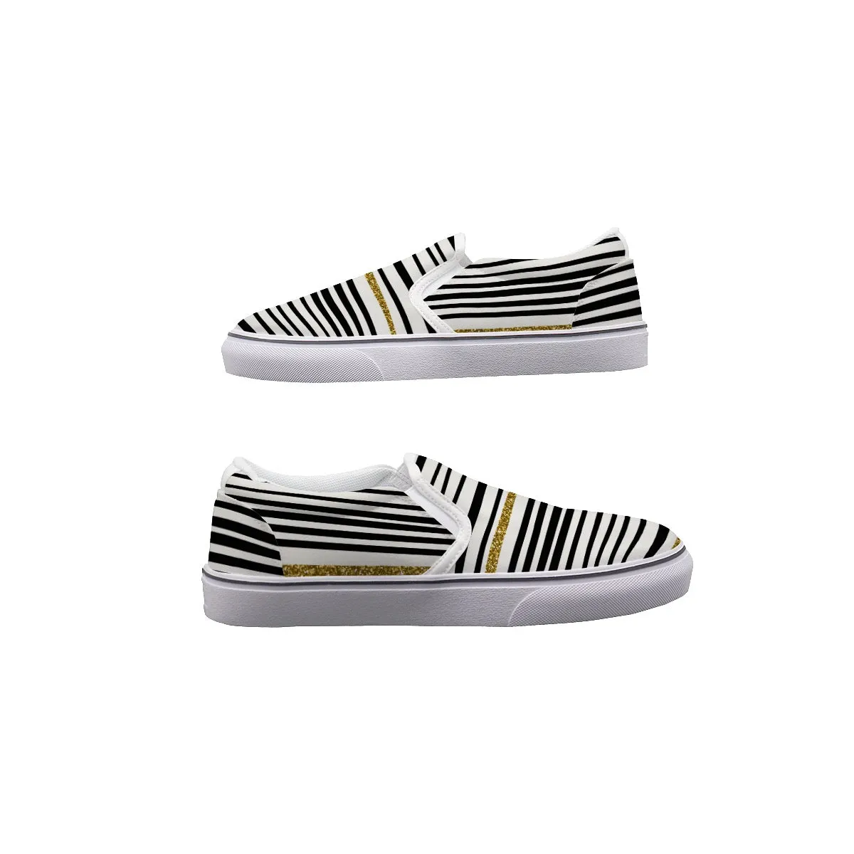 So#13 Men's Slip On Sneakers black and gold striped print