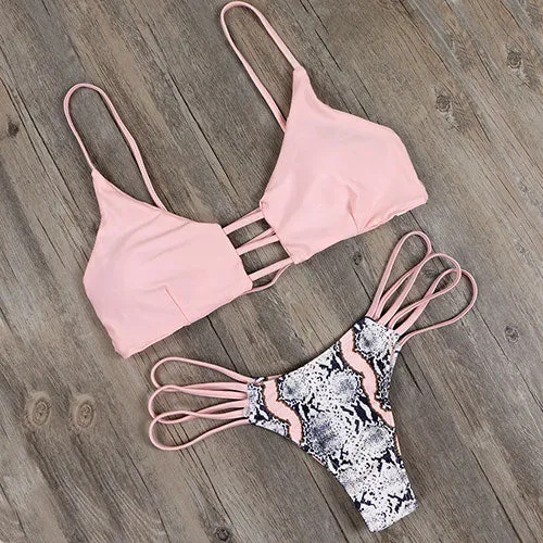 Strappy Bandage Snakeskin Pattern Bralette Swimsuit Women Swimwear Push Up Bikini 2016 Bathing Suit Brazilian Sexy Biquini E631