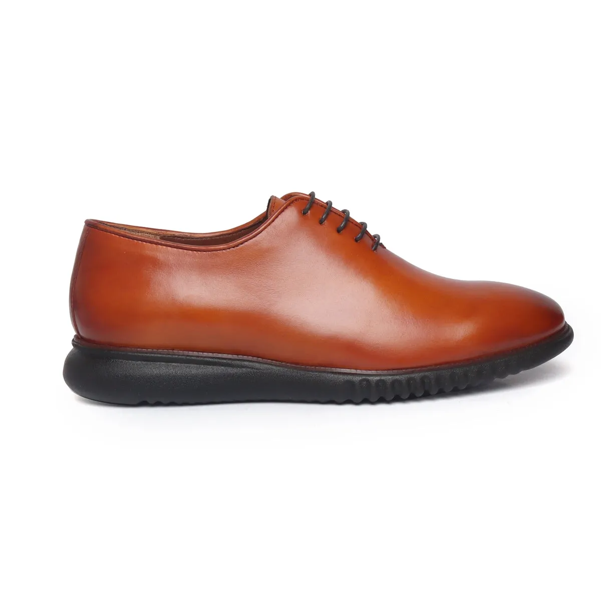 Tan Leather Oxford Lace-Up Sneakers With Black Light Weight Sole