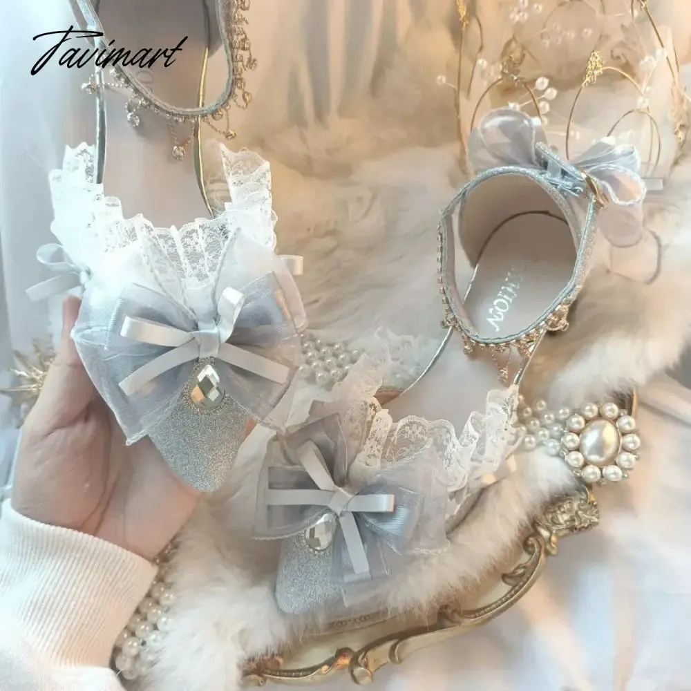 Tavimart Elegant Retro Style Lolita Cosplay Tea Party Girl Shoes Pointed Lace Ruffled Ribbon Bow Flower Pearl Gem 4.5cm High Heeled Shoes