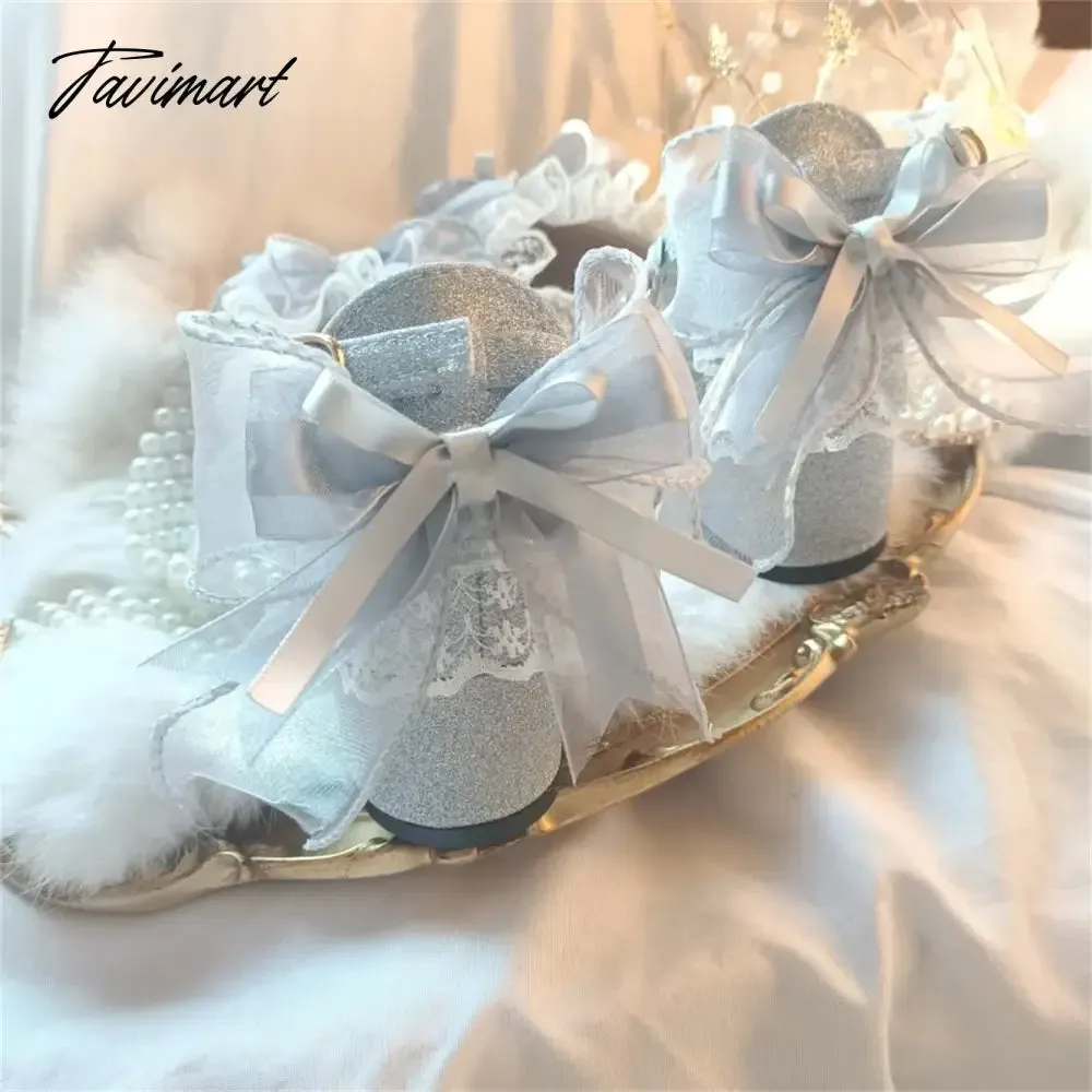 Tavimart Elegant Retro Style Lolita Cosplay Tea Party Girl Shoes Pointed Lace Ruffled Ribbon Bow Flower Pearl Gem 4.5cm High Heeled Shoes