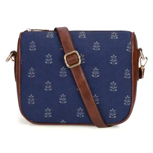 THE CLOWNFISH Garnet Series Printed Handicraft Fabric & Tapestry Crossbody Sling Bag for Women Ladies Single Shoulder Bag Shoulder Belt (Denim Blue)