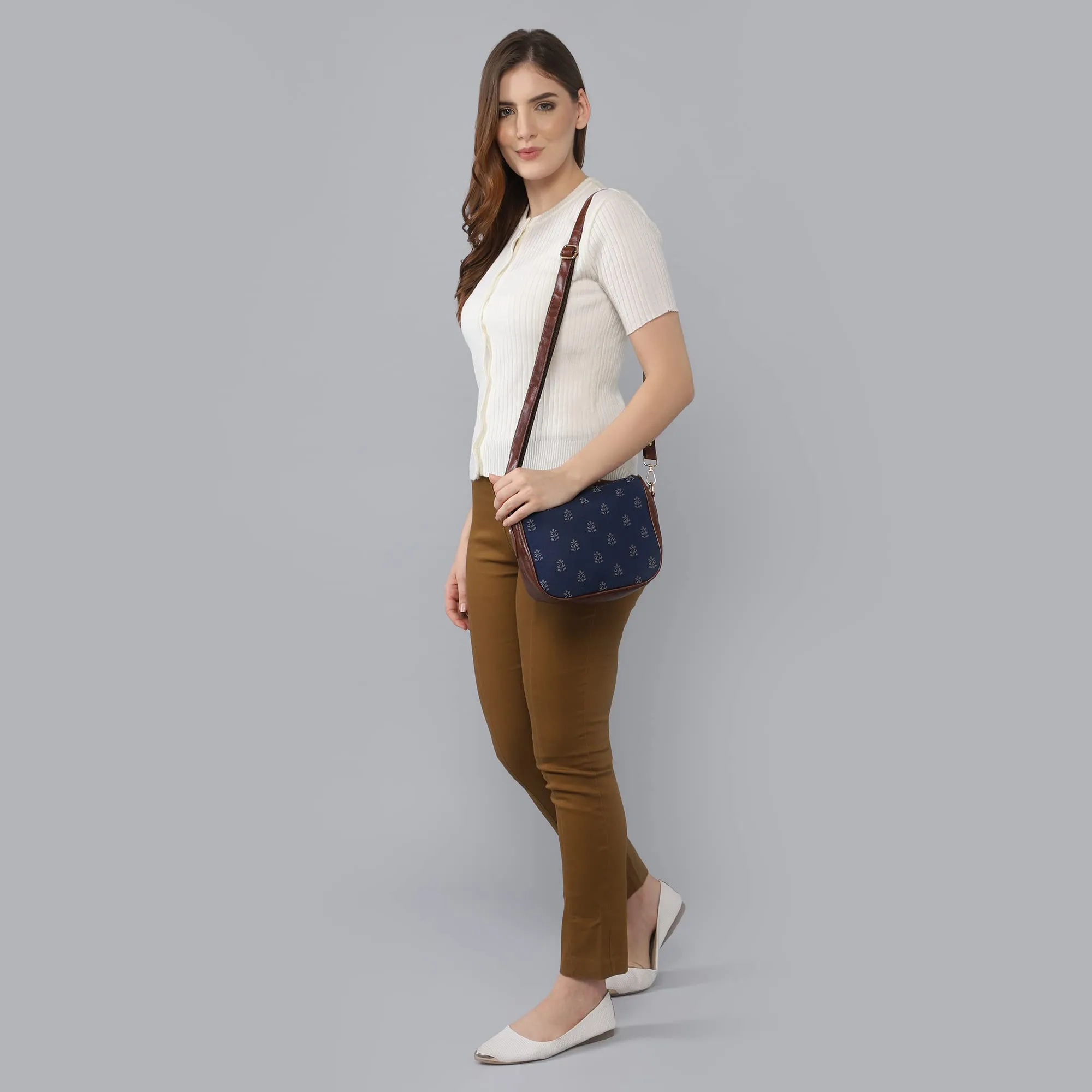 THE CLOWNFISH Garnet Series Printed Handicraft Fabric & Tapestry Crossbody Sling Bag for Women Ladies Single Shoulder Bag Shoulder Belt (Denim Blue)