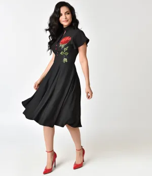 Unique Vintage 1950s Black & Embroidered Red Rose Baltimore Swing Dress