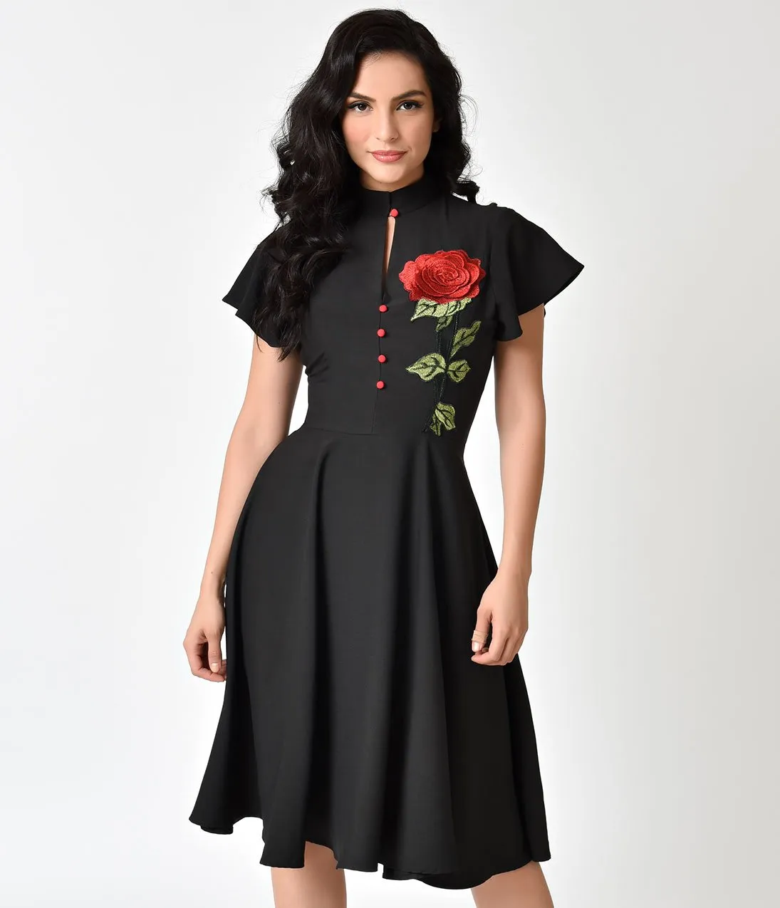 Unique Vintage 1950s Black & Embroidered Red Rose Baltimore Swing Dress