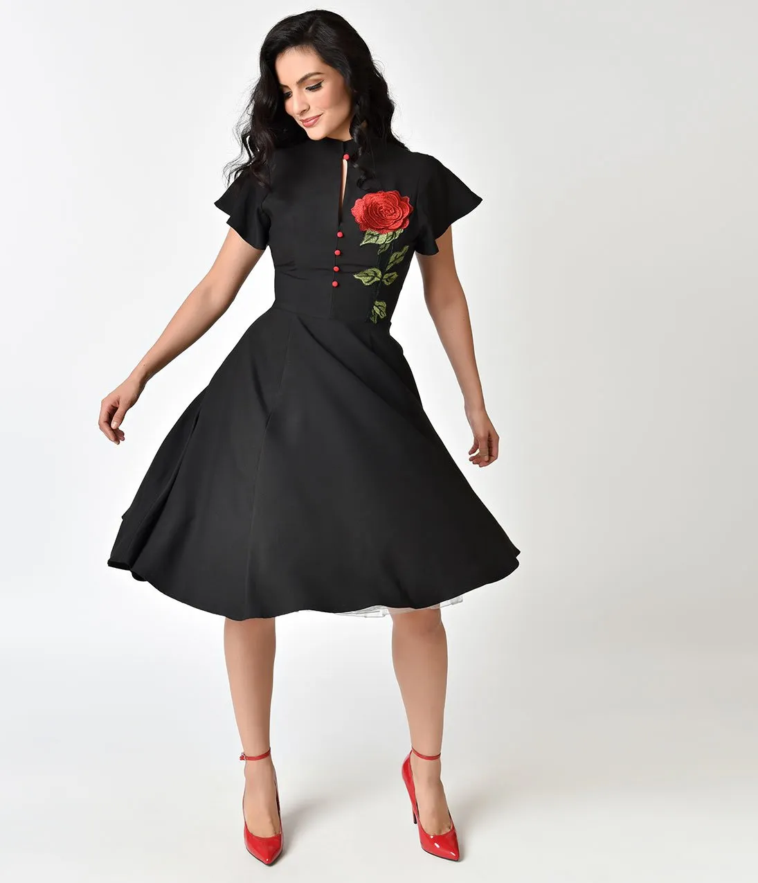 Unique Vintage 1950s Black & Embroidered Red Rose Baltimore Swing Dress