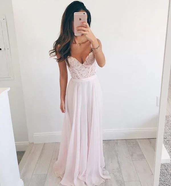 V-neck Long Chiffon Baby Pink Long Prom Dress Evening Dress PG296