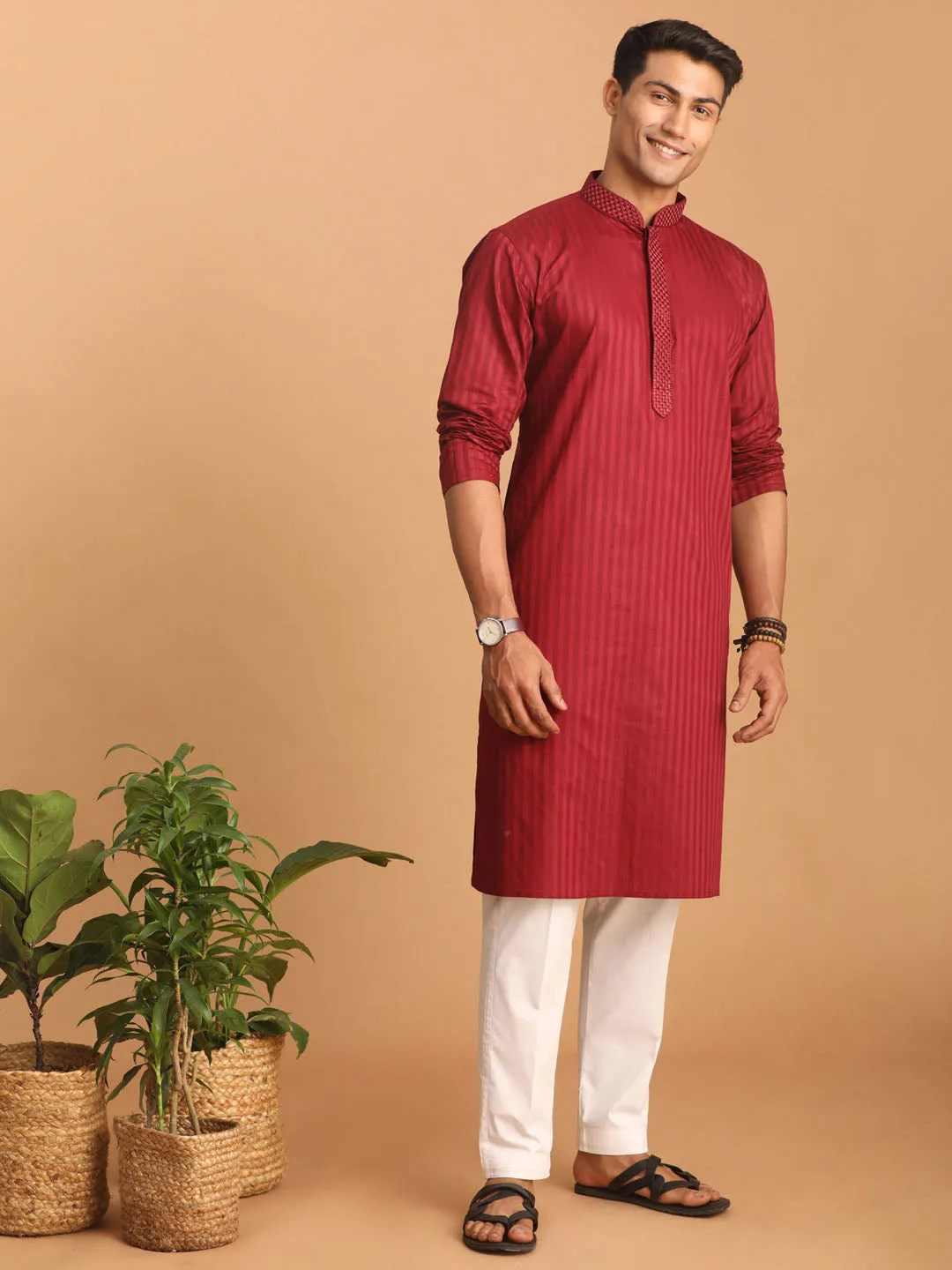 VASTRAMAY Maroon Cotton Blend Kurta Set