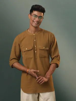 VASTRAMAY Men's Beige Cotton Cool Short Kurta