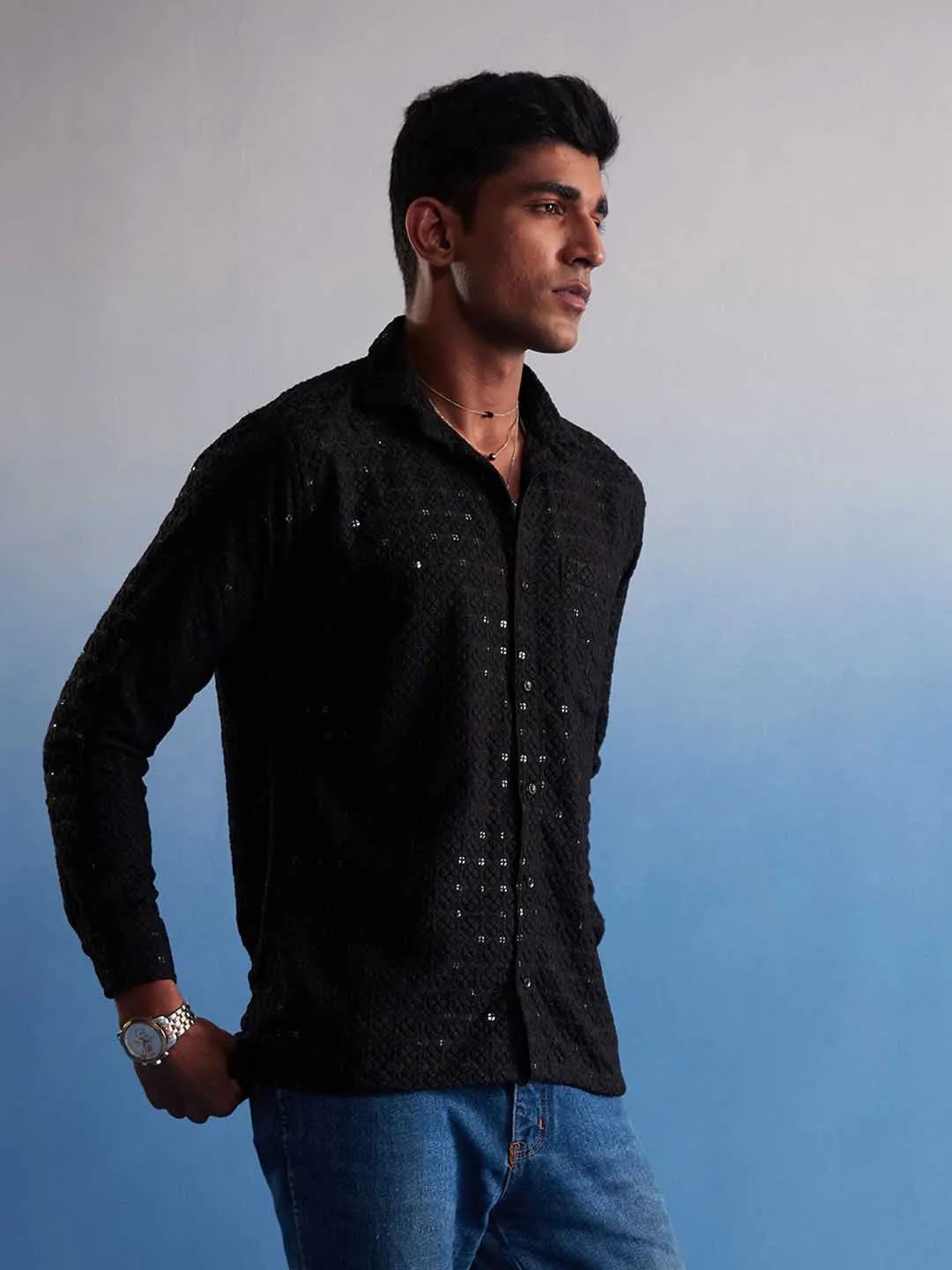 VASTRAMAY Men's Black Embellished Rayon Shirt