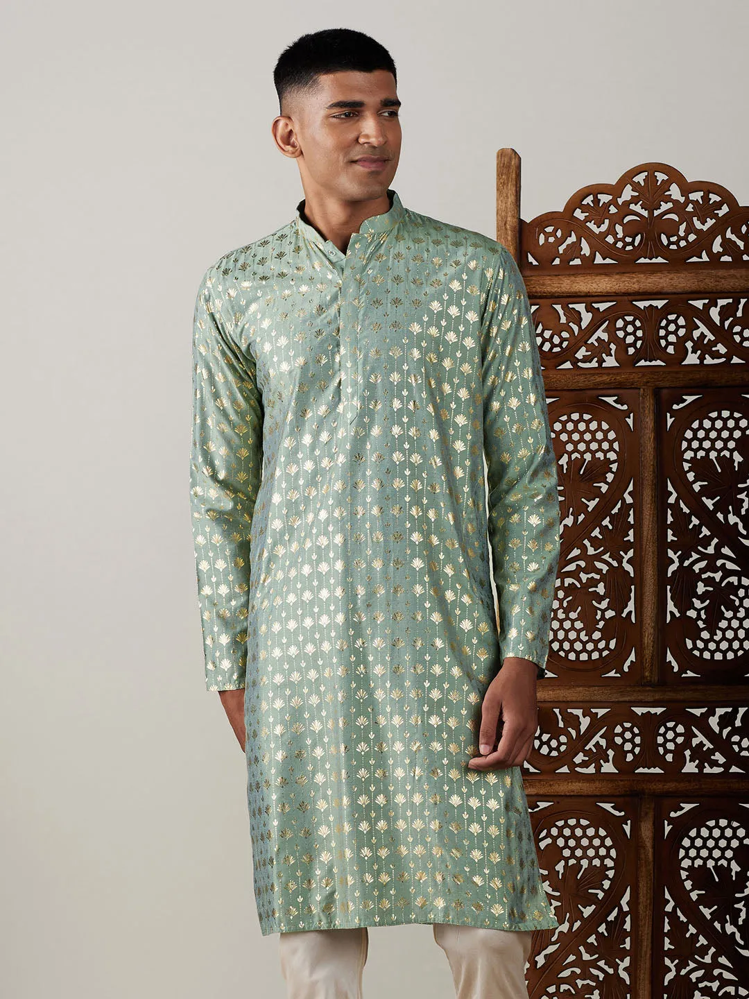 VASTRAMAY Men's Light Green Foil Printed Kurta