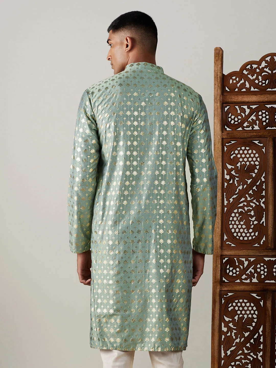 VASTRAMAY Men's Light Green Foil Printed Kurta