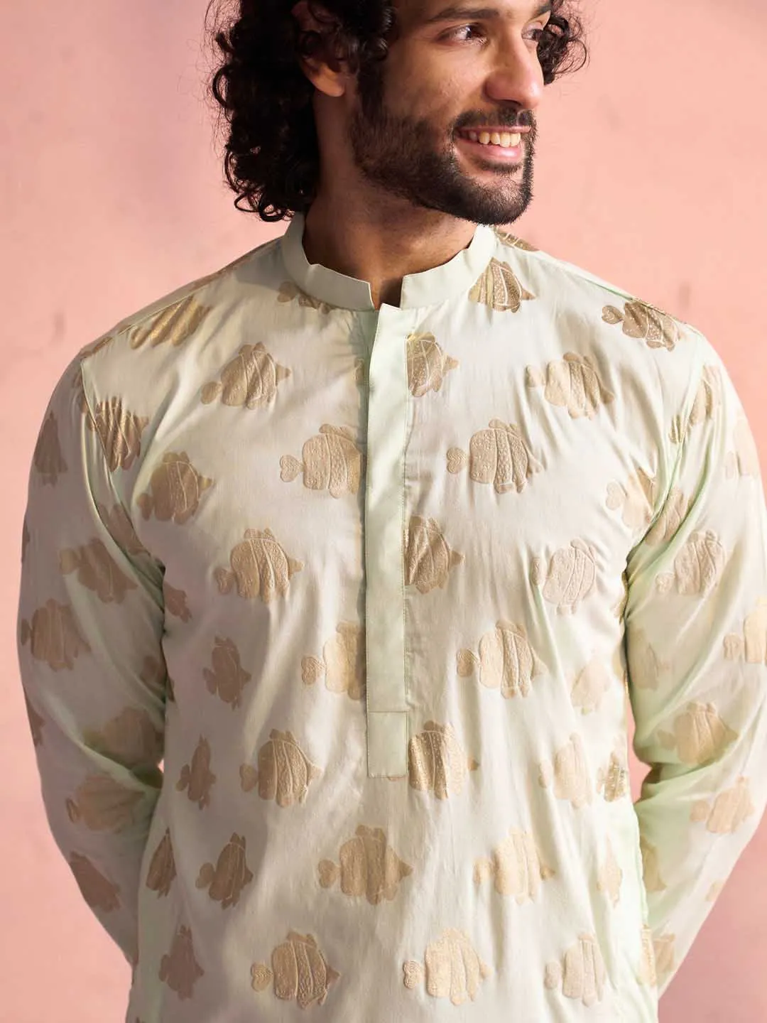 VASTRAMAY Men's Mint Green Viscose Fish Motif Foil Print Kurta