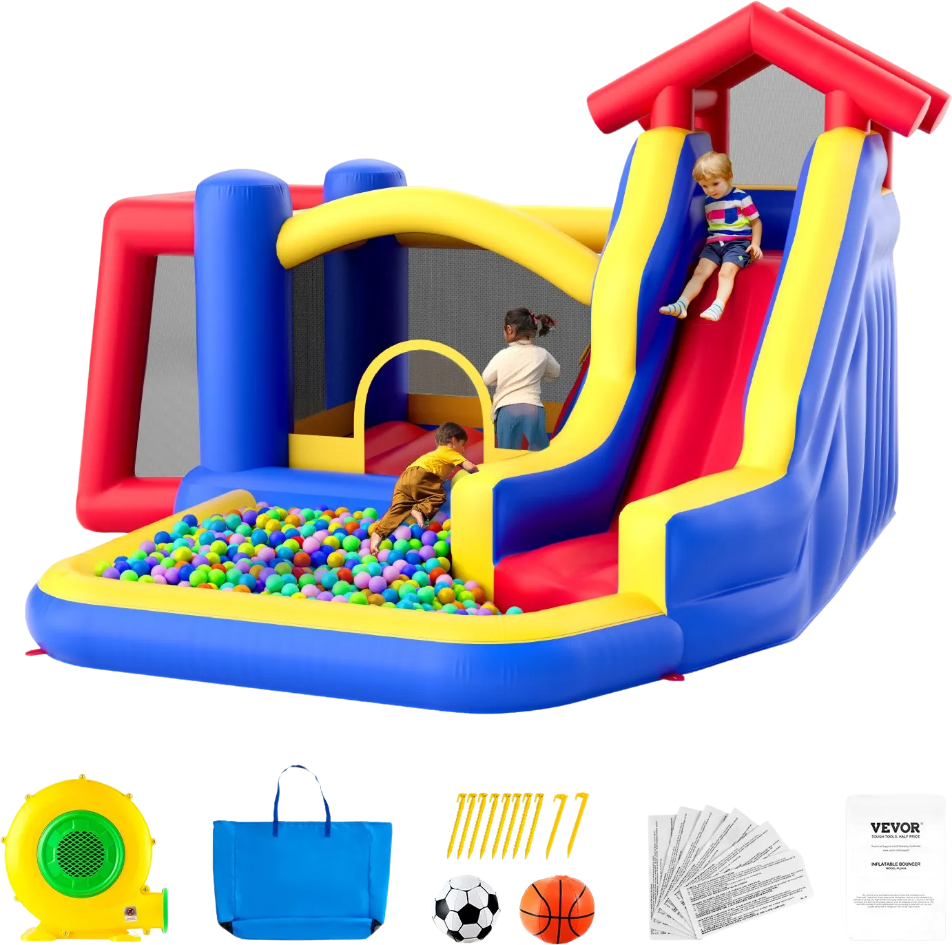 Vevor Inflatable Bounce House 131" x 133" x 90" Outdoor Playhouse Trampoline for Kid Ages 3-8 Years New