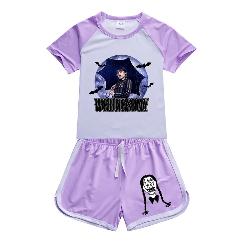 Wednesday Addams Sports Suit Nevermore Academy Sportswear T-shirt Shorts For Kids Summer