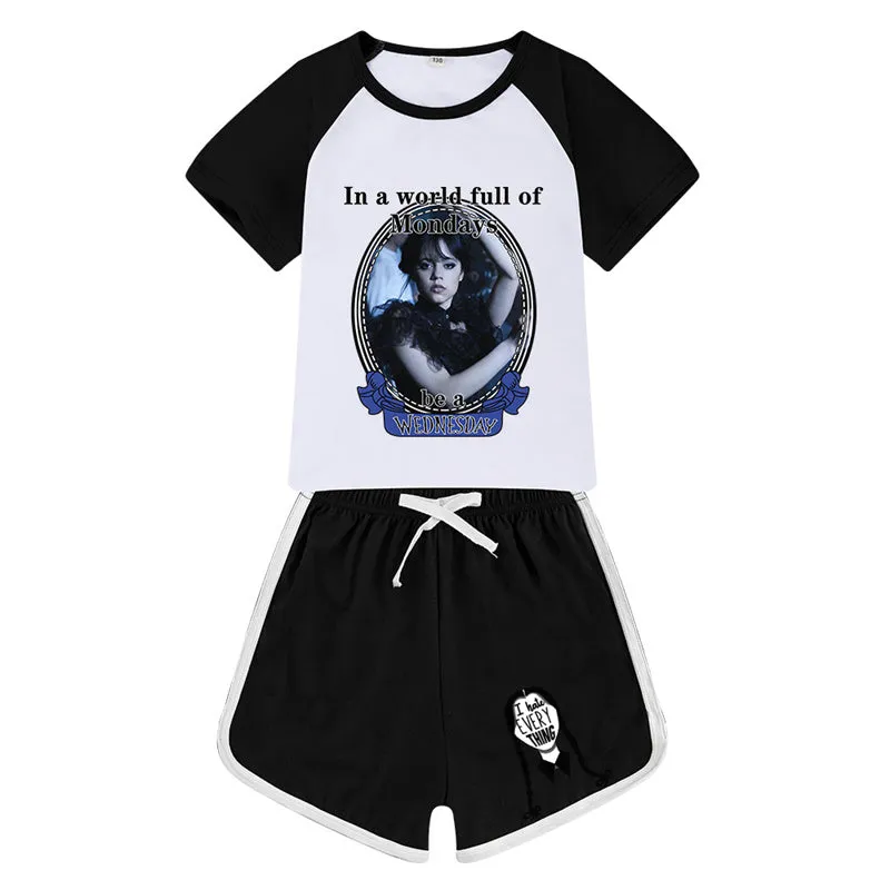 Wednesday Addams Sports Suit Nevermore Academy Sportswear T-shirt Shorts For Kids Summer