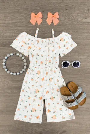 White & Coral Cold Shoulder Ruffle Jumpsuit