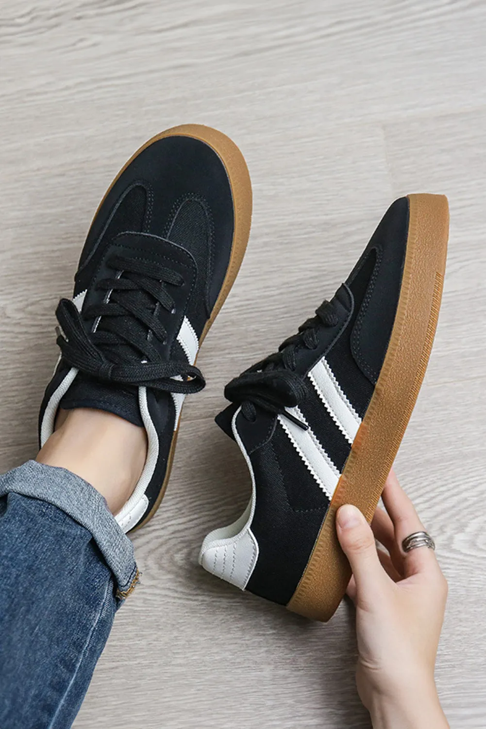 White Striped Lace-up Flat Sneakers