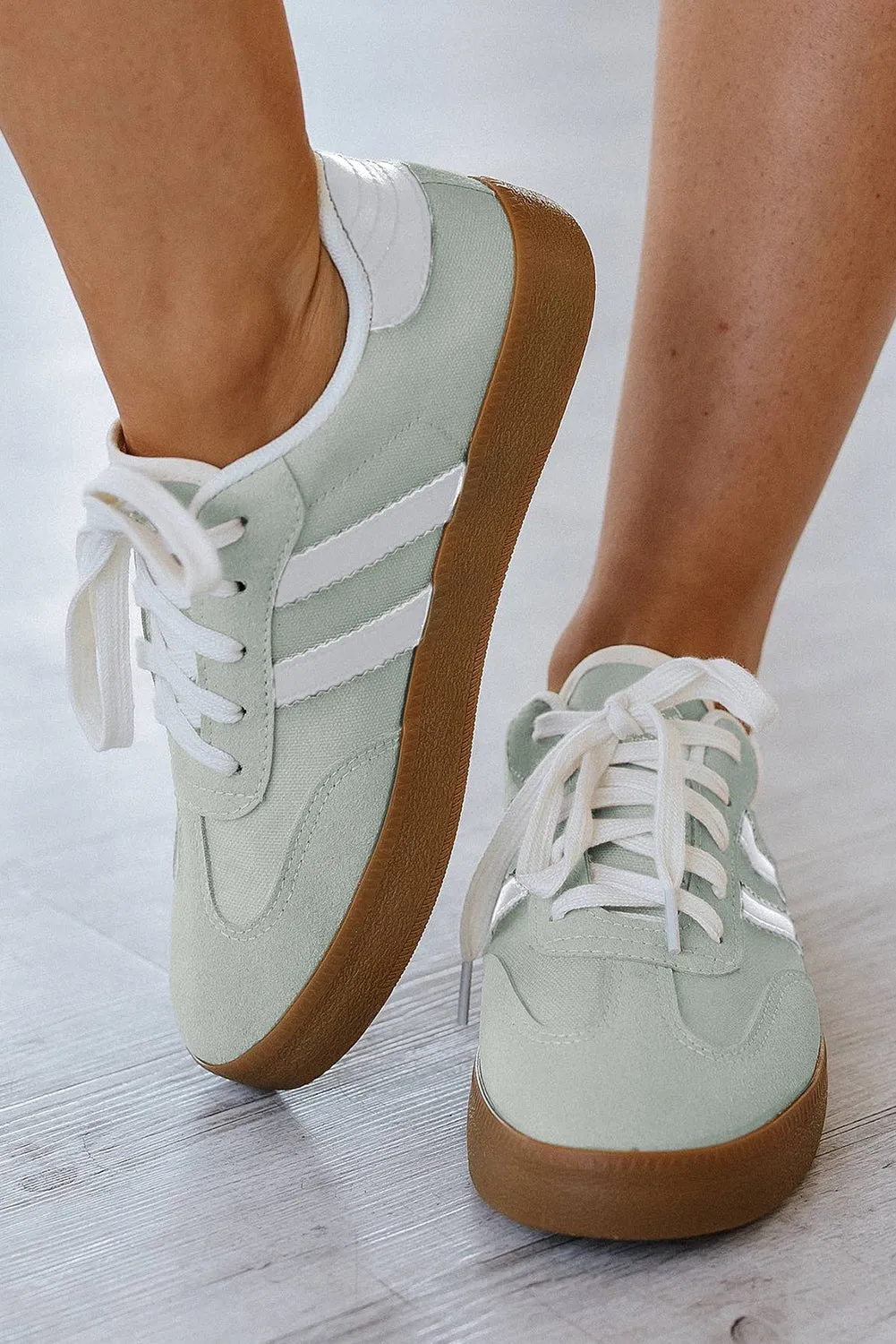 White Striped Lace-up Flat Sneakers