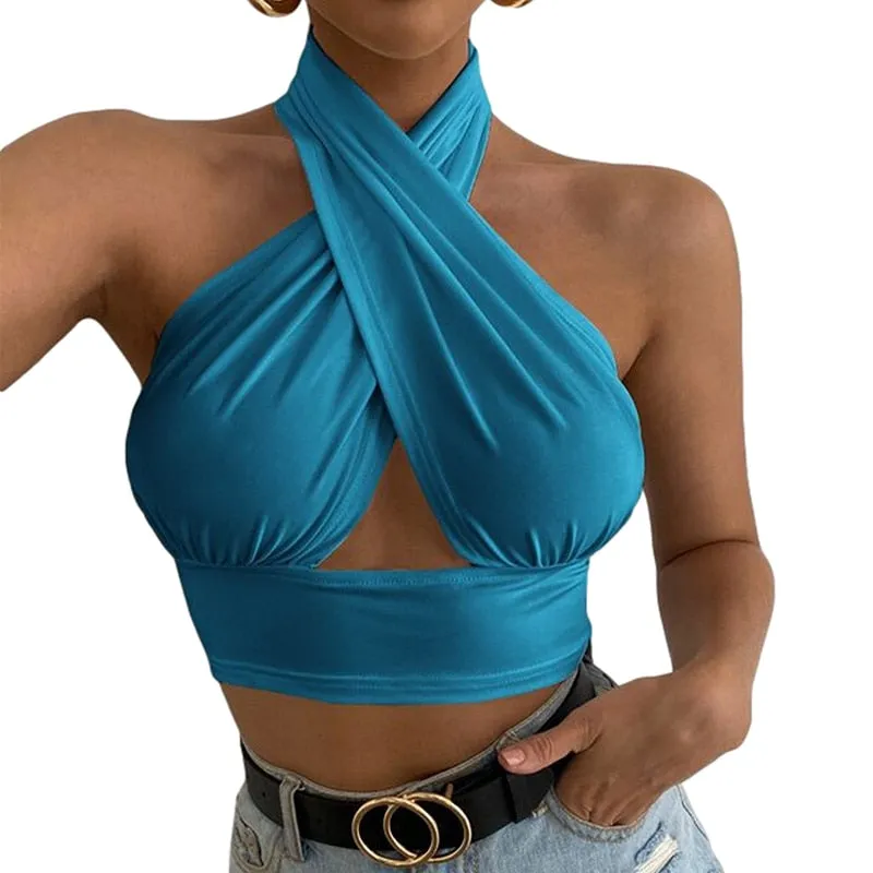 Women Summer Tank Tops Sexy Solid Color Cross Halter Neck Push Up Hollow Crop Tops High Street Wear New Fashion