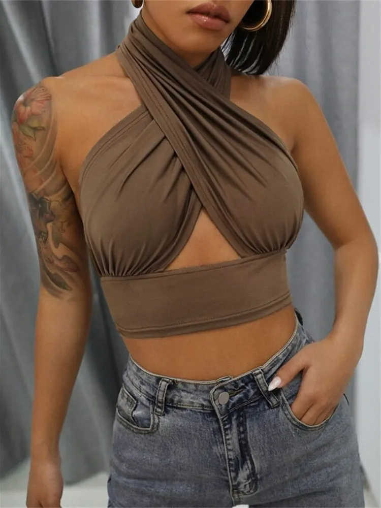 Women Summer Tank Tops Sexy Solid Color Cross Halter Neck Push Up Hollow Crop Tops High Street Wear New Fashion