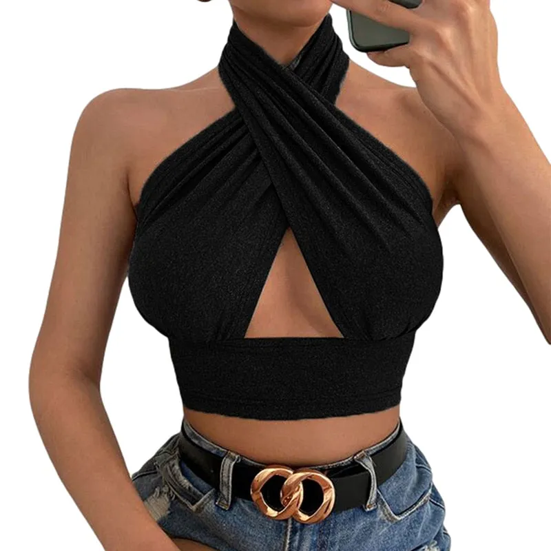 Women Summer Tank Tops Sexy Solid Color Cross Halter Neck Push Up Hollow Crop Tops High Street Wear New Fashion