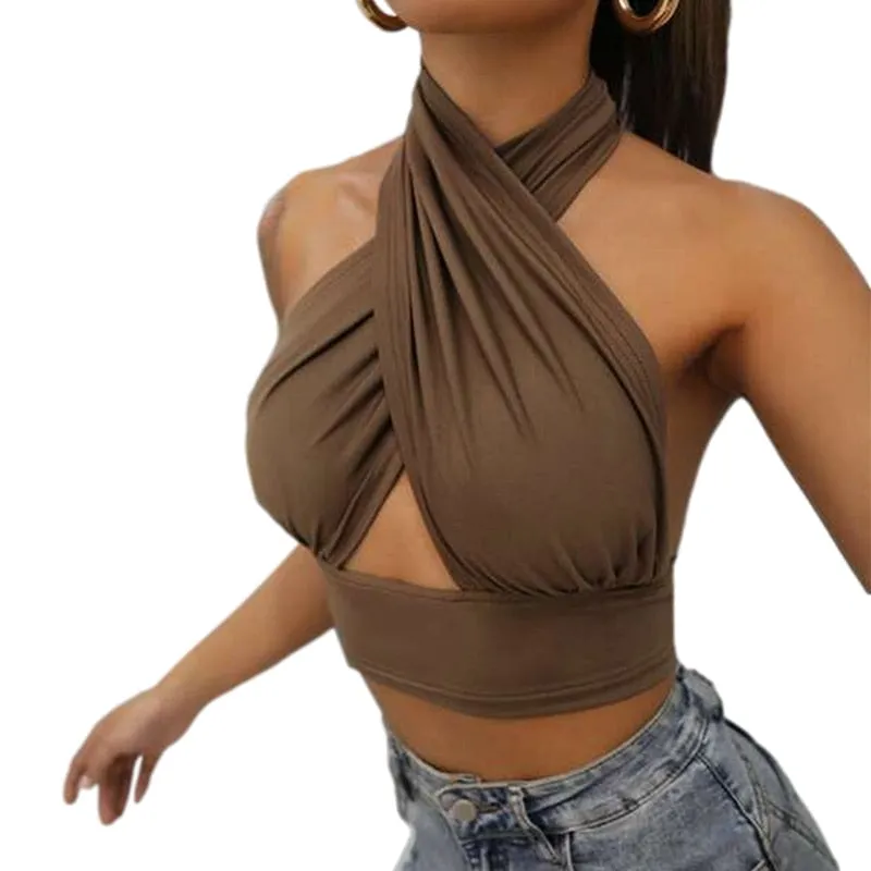 Women Summer Tank Tops Sexy Solid Color Cross Halter Neck Push Up Hollow Crop Tops High Street Wear New Fashion