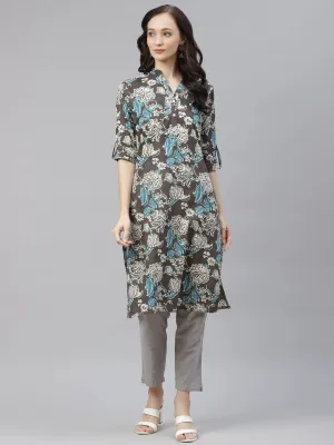 Women'S Brown Floral Printed Straight Kurta