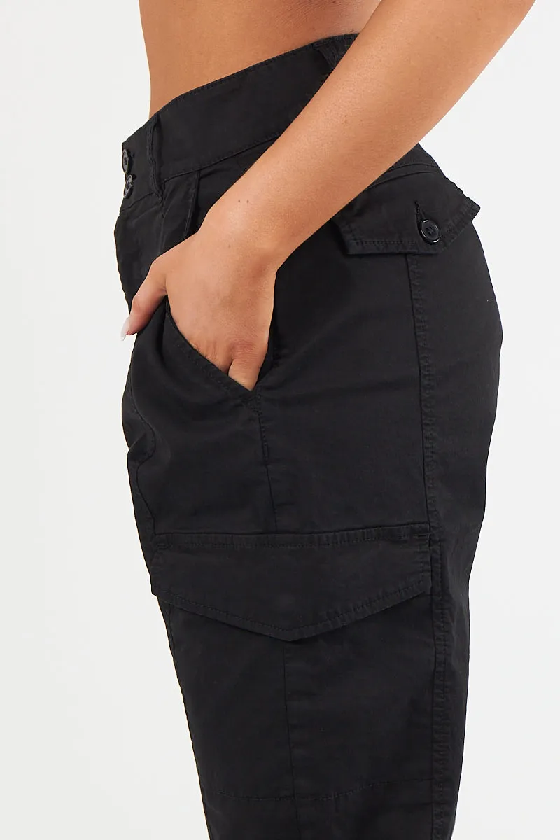 Women's Cuffed Hem Twill Combat Stretch French Seam Pocketed  Cotton Cargo Low Waist Trousers