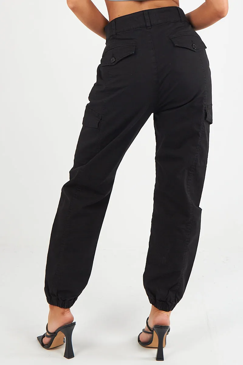 Women's Cuffed Hem Twill Combat Stretch French Seam Pocketed  Cotton Cargo Low Waist Trousers