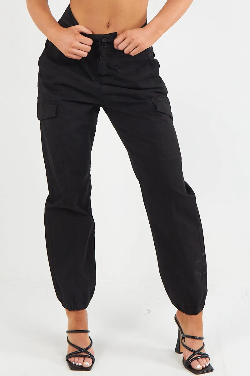 Women's Cuffed Hem Twill Combat Stretch French Seam Pocketed  Cotton Cargo Low Waist Trousers