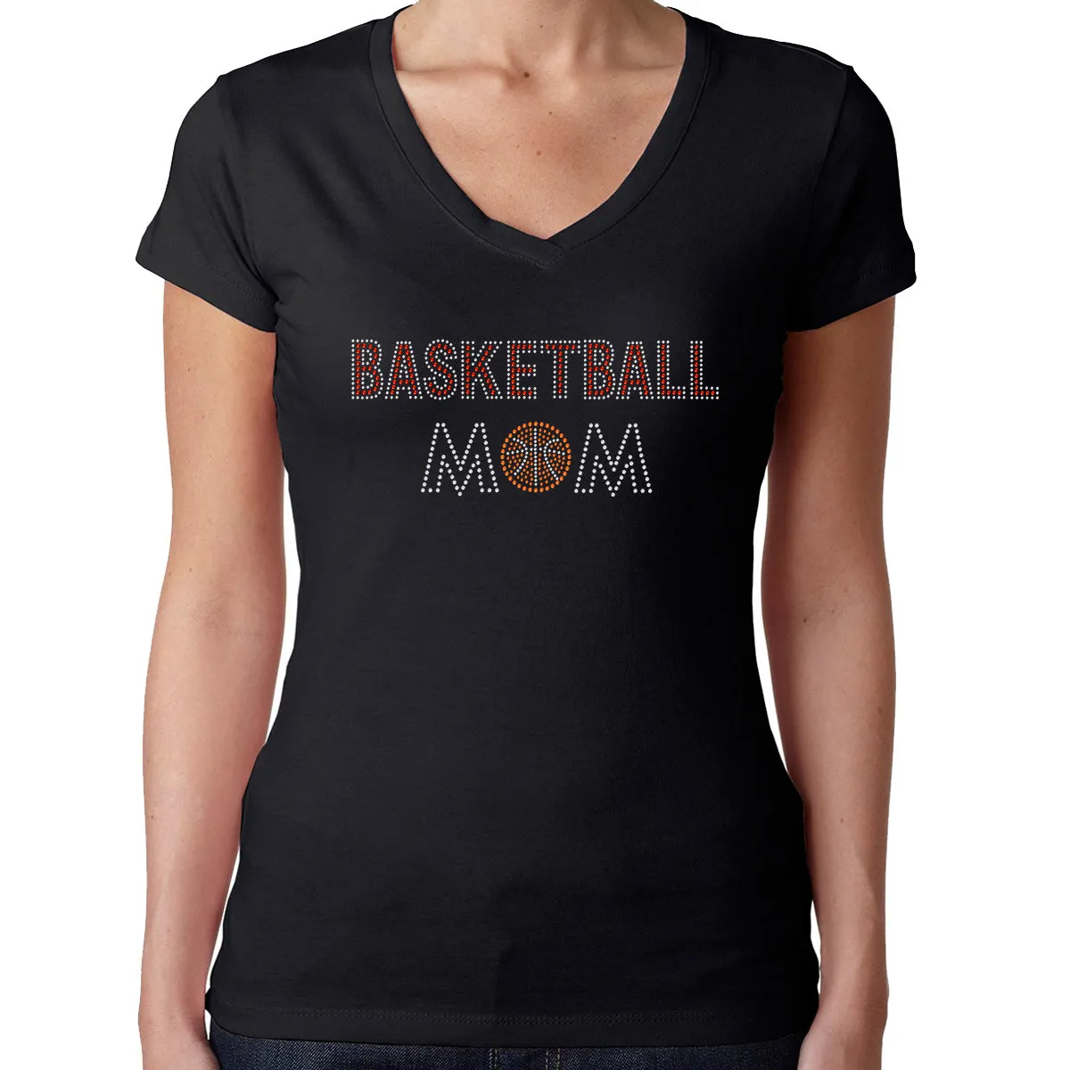 Womens T-Shirt Bling Black Fitted Tee Basketball Mom Ball